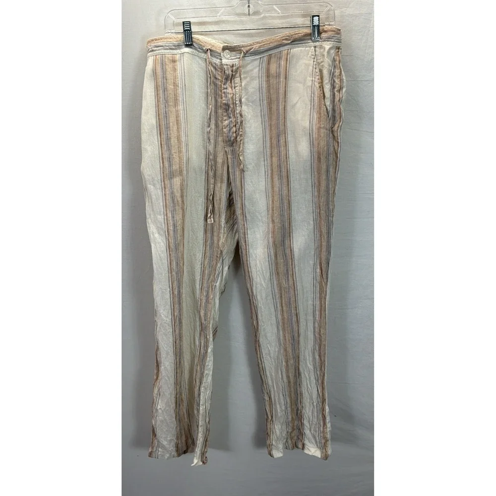 Zegna Mens 100% Linen Striped Pants IT 52 Made in Italy Coastal Drawstring Beige